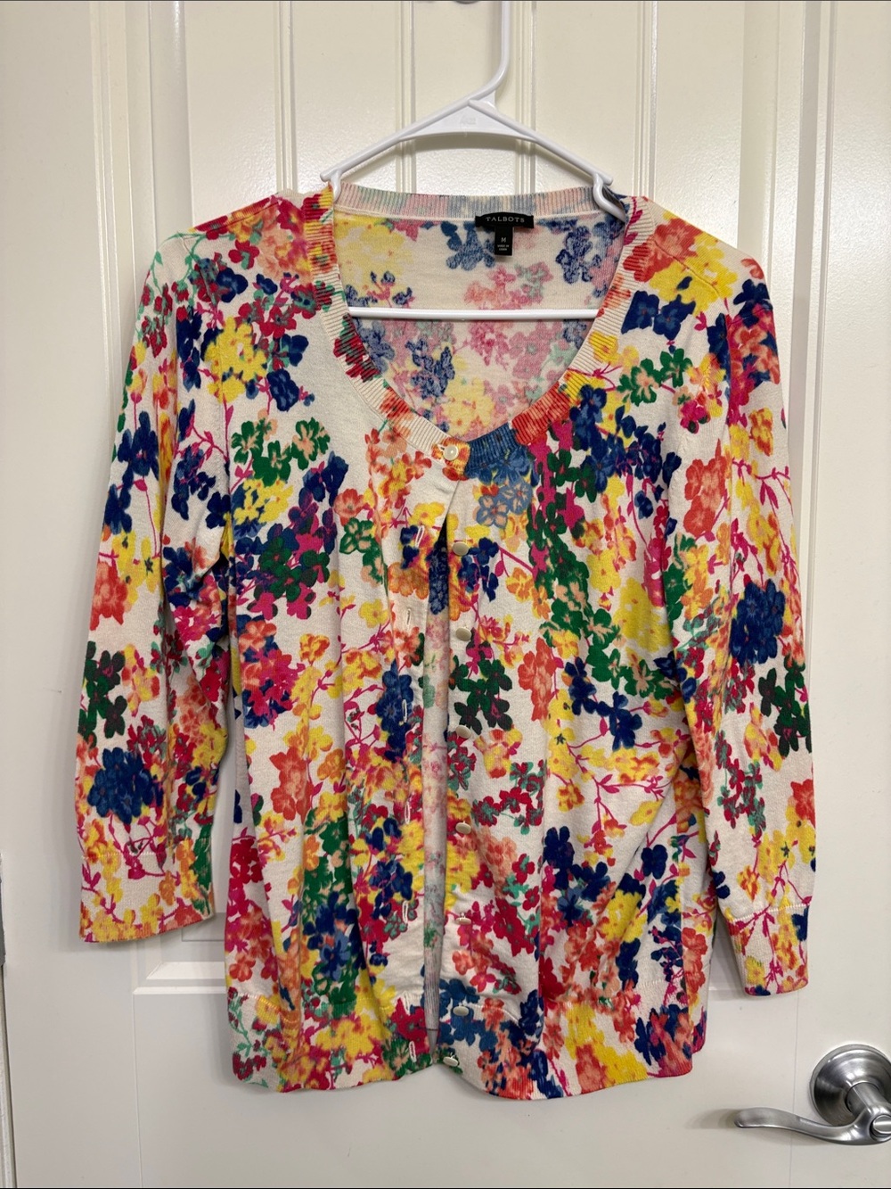 Talbots Cream‎ Floral Button-Front Cardigan with Multicolor Blooms